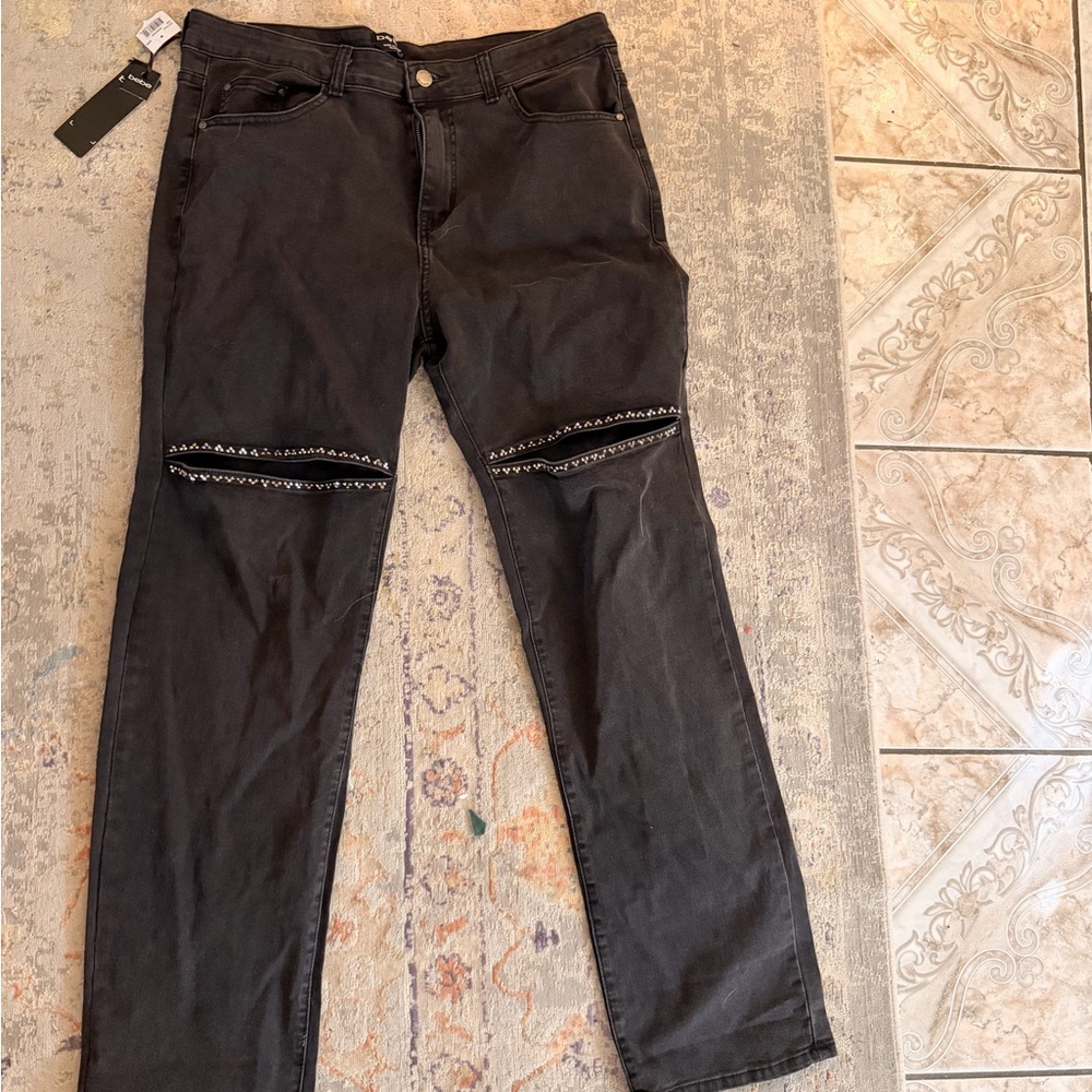 bebe Black Straight Leg Jeans with Embroidered jewels